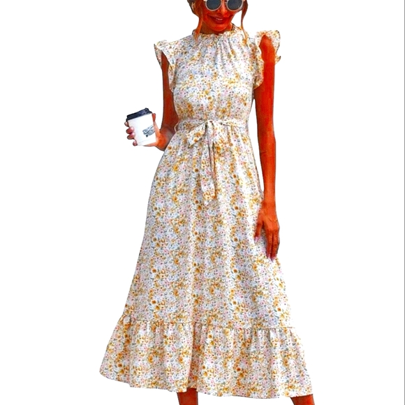 Dresses & Skirts - Yellow Floral Print Long Dress Belted Ruffle Trim Midi Maxi XL